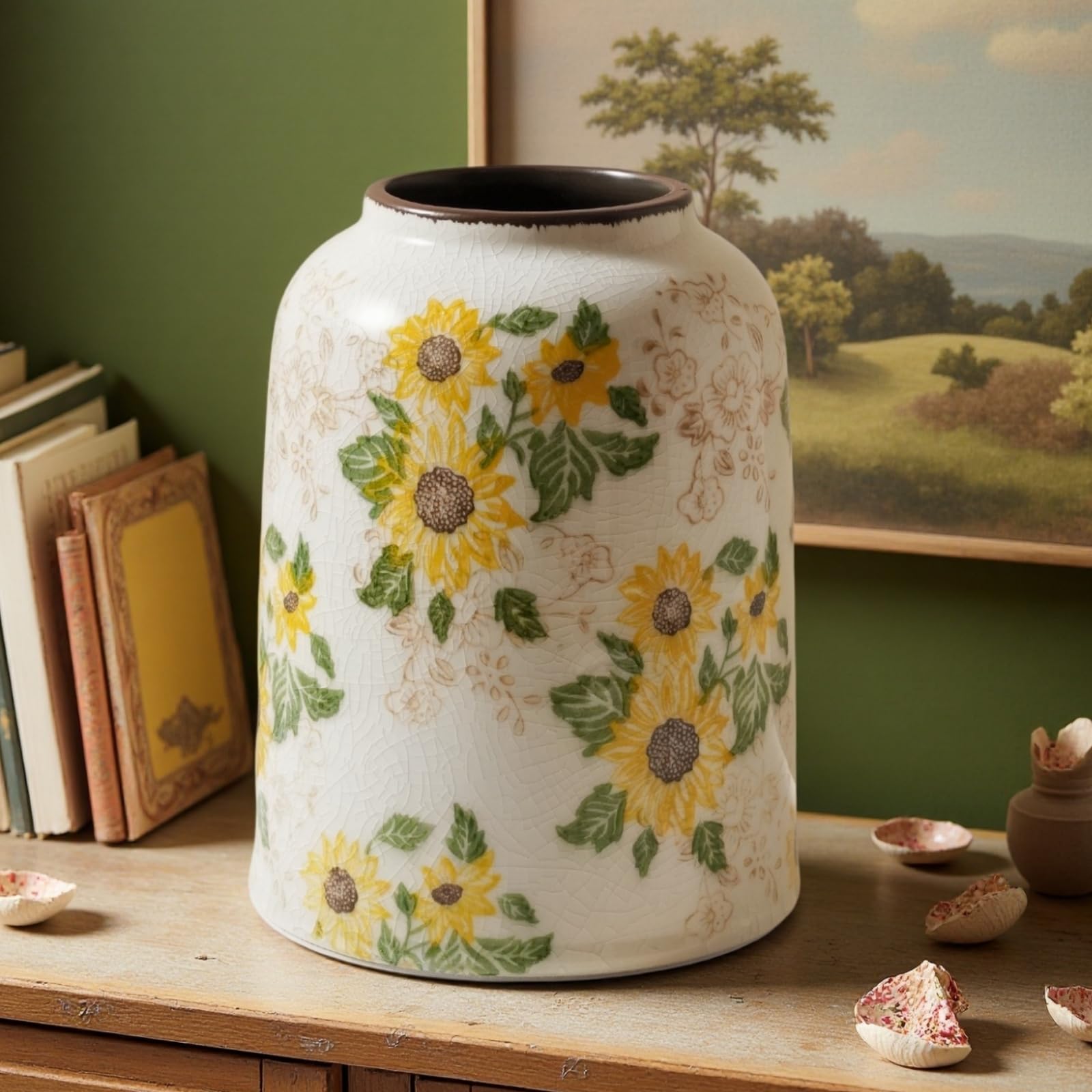 Levvohd Vintage Ceramic Vase, Sunflower Pattern 7.9 Inch, Medium Cylinder