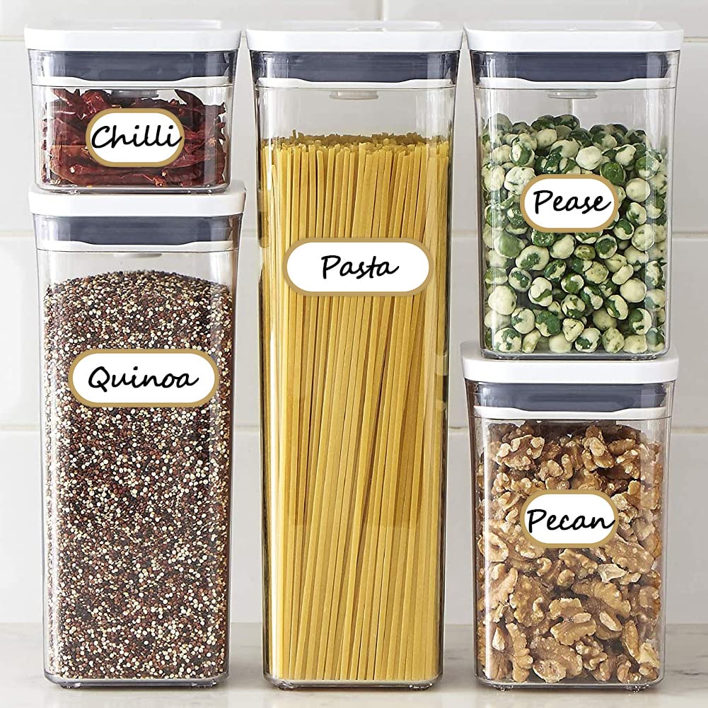 192pcs Removable Bottle Labels Waterproof Self-Adhesive Kitchen Home Edit Food Label Stickers with Gold Border for Food Containers Mason Jars Storage Bins Daycare Organization,with Marker Pen