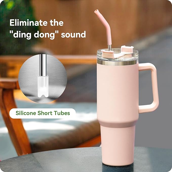 Snowfall Metal Straw Reusable for Stanley 30 OZ, 2 Pcs Long Stainless Steel Drinking Straws with Silicone Tip, 1 Straw Brush, BPA Free (Cream Gray)