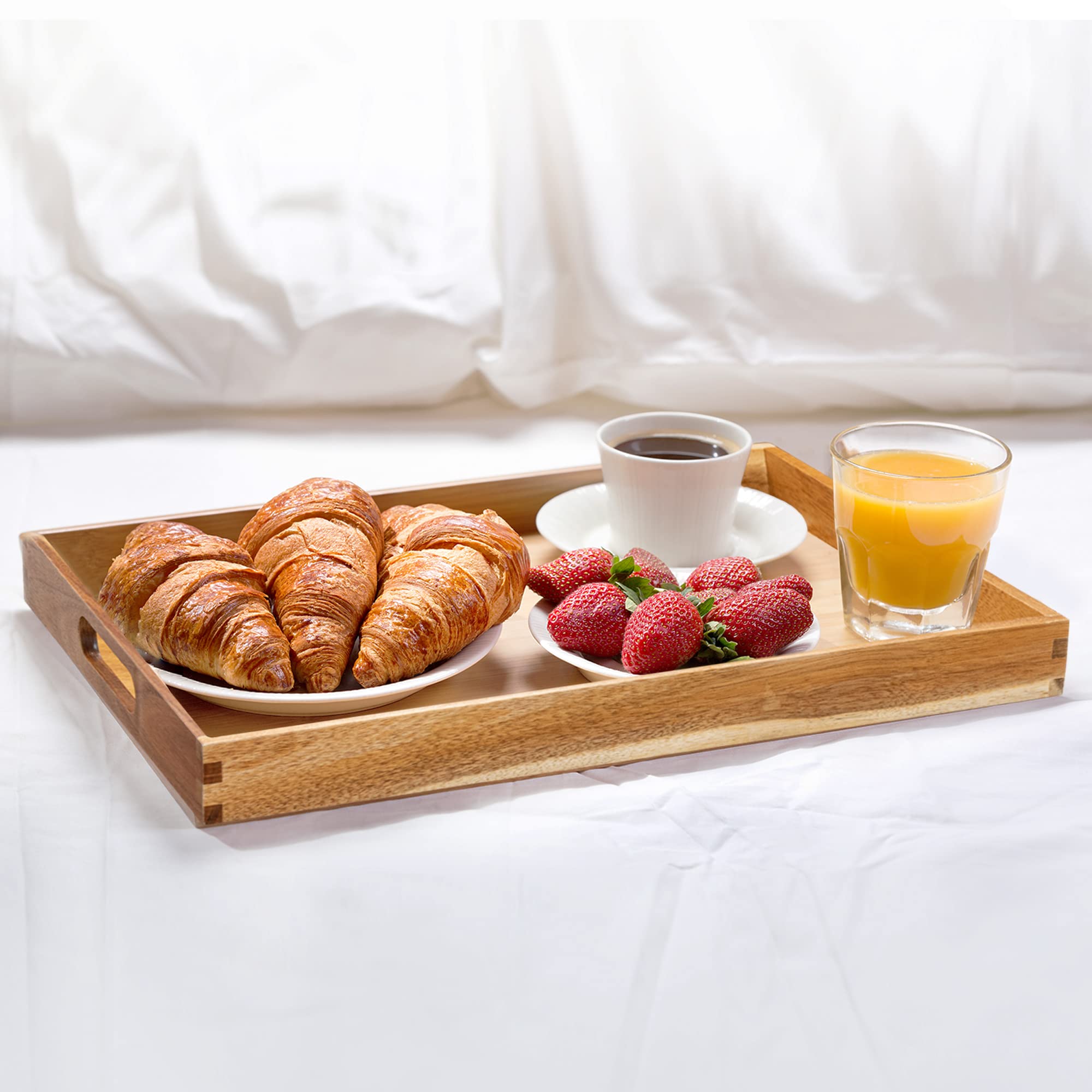 KITEISCAT 17-Inch Acacia Wood Serving Trays with Handles, Set of 2 – Decorative Wooden Trays for Coffee Table, Ottoman, Living Room, Breakfast & Appetizers – Sturdy & Elegant Serving Platters