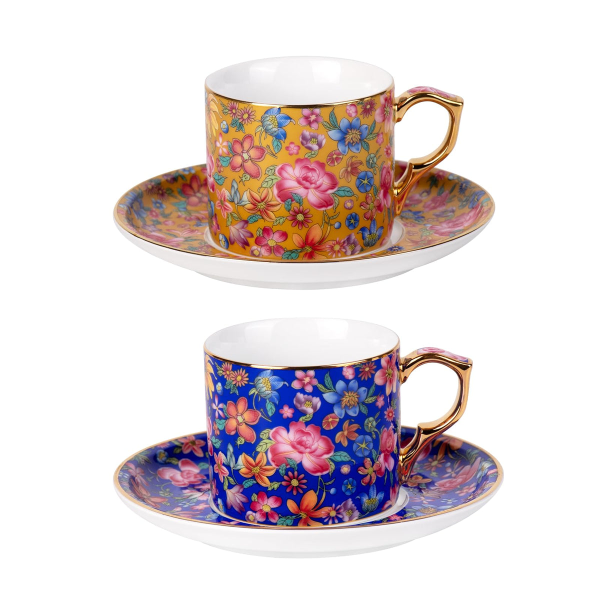KAMMAK Tea Cup and Saucer, Ceramic Coffee Cups, 7.4 oz, Set of 2