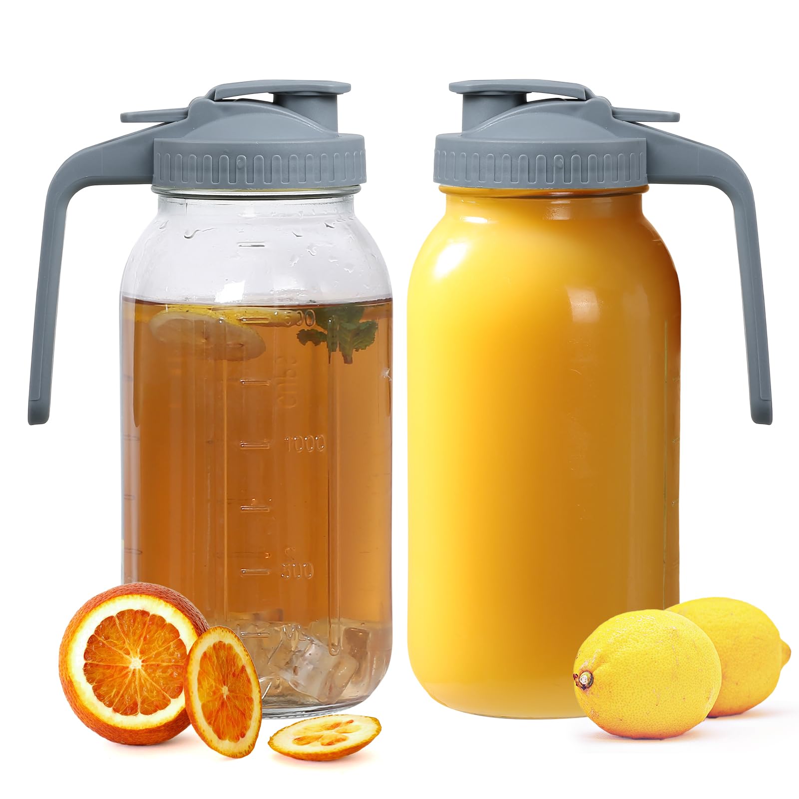 Naivees Glass Tea Pitcher with Wide Mouth Airtight Lid Leak Proof Fridge Container with Gray Lid Mason Jar for Water, Tea,Juice and Drinks (2 Pack-64OZ)