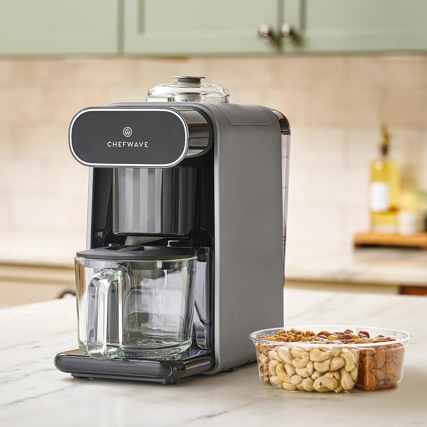 ChefWave Milkmade Soy Milk Maker 6-in-1 Vegan Plant-Based Milk Machine with Auto Clean, and Delay Start, Almond, Oat, Soy, Cashew, Coconut, Macadamia Milk Maker with Nut Platter (Silver/Black)