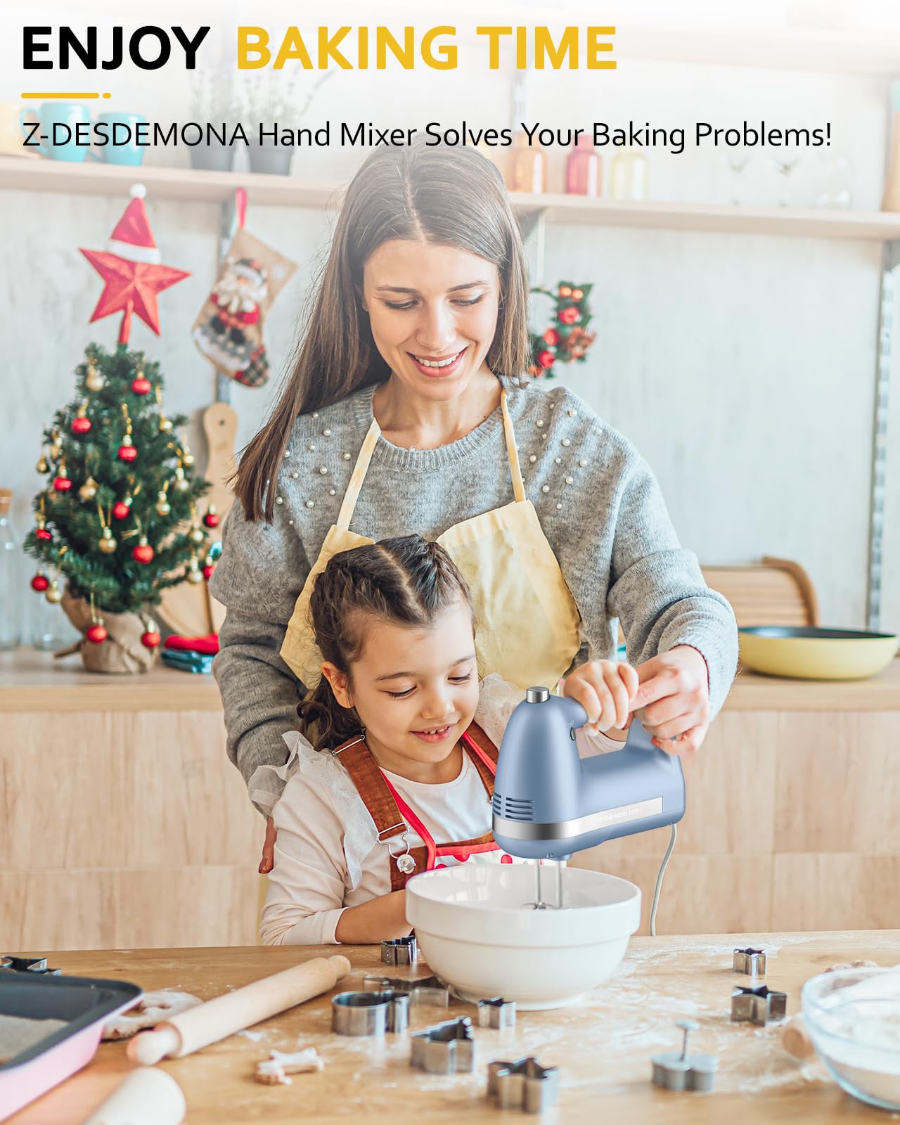 Z-DESDEMONA Electric Hand Mixer, Powerful Hand Mixer Electric Handheld with 304 Beaters, Dough Hook, Whisk, Hand Held Mixer with Turbo for Baking Cakes, Eggs, Cream Food(Blue)