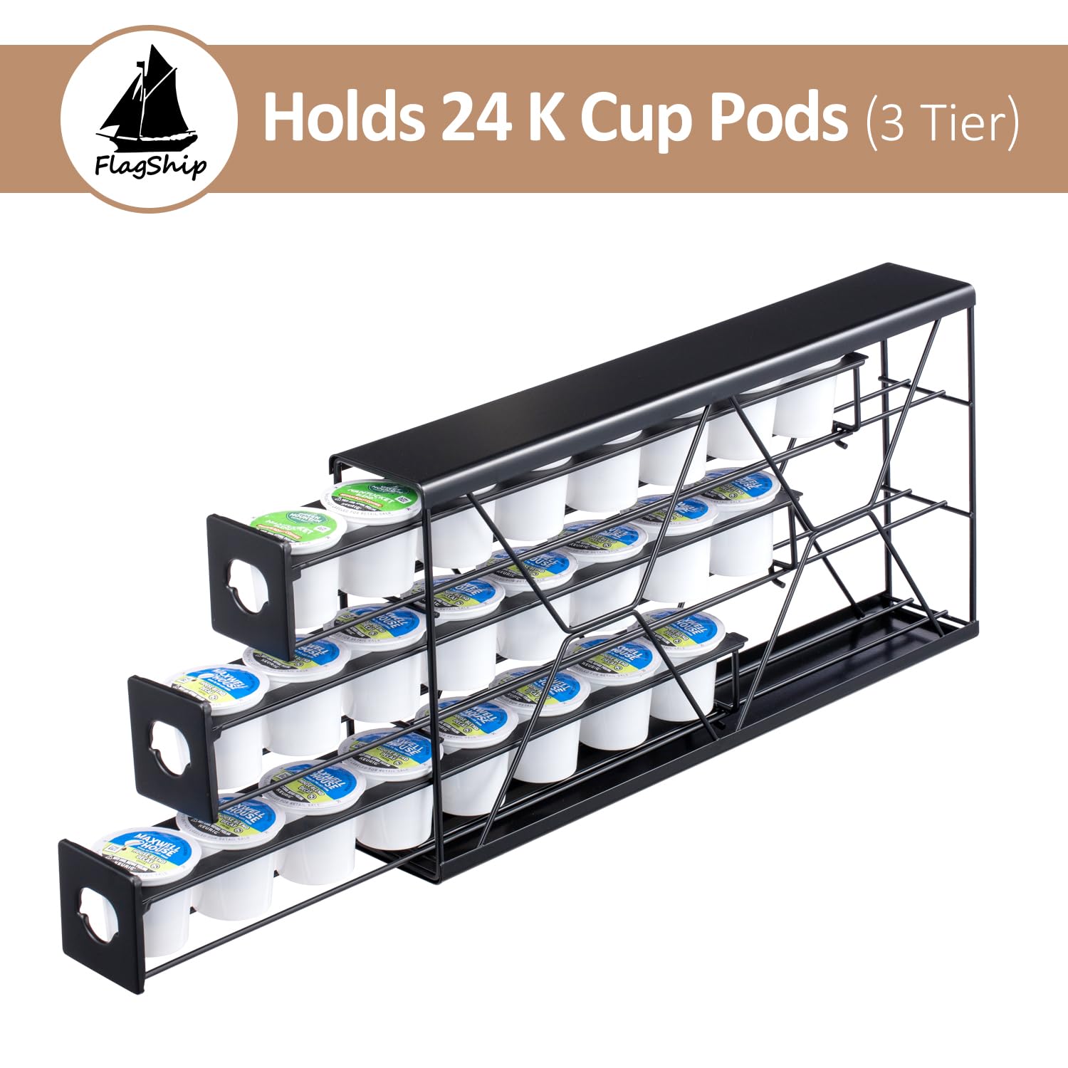 FlagShip K Cup Holder Drawer 3 Tier Coffee Pod Holder for K Pod Save Space Countertop Kitchen (24 Pods Capacity)