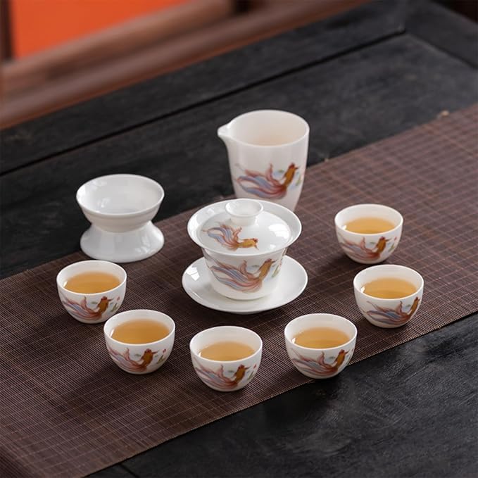 ICHAG Chinese Tea Set, Gongfu Tea Sets for Adults, China Gaiwan Teaset, 14-Piece Yangzhi Jade (茶具) Porcelain Set with Tea Pet, Portable Travel Teaset for Home, Outdoor, Office Gifts (White)