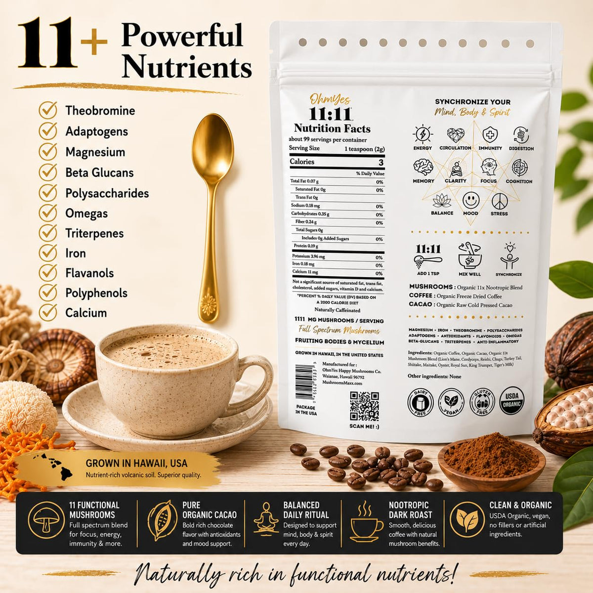 OhmYes Mocha Mushroom Coffee with Pure Cacao | Organic Mushroom Coffee, 11-Mushroom Blend (Lion’s Mane, Reishi, Chaga, Cordyceps) | Organic Instant Coffee, Cocoa Flavanols | Unsweetened | 7oz