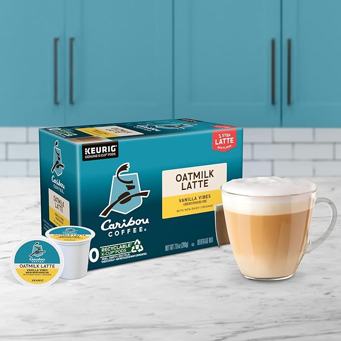Caribou Coffee Vanilla Vibes Oatmilk Latte, One Step Latte Single Serve Keurig K-Cup Pods, 60 Count (6 Packs of 10)