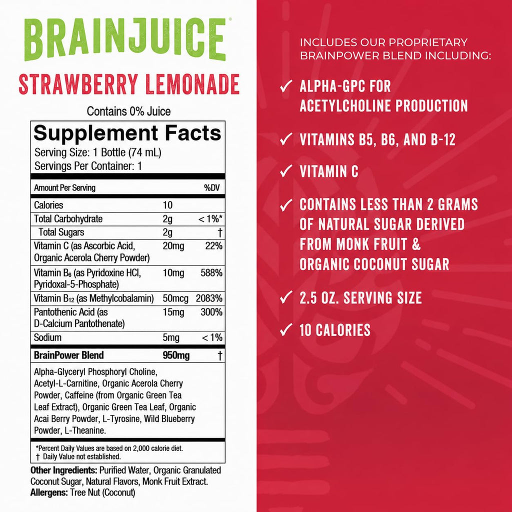 BrainJuice Decaf Strawberry Lemonade Nootropic Supplement Shot, 2.5 fl oz, 12 Pack