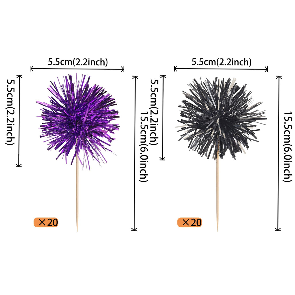 40 PCS Foil Firework Cupcake Toppers Sparkle Tinsel Cupcake Picks Fireworks Birthday Party Decorations Cocktail Fruit Toothpick for Birthday Wedding Graduation Party Decorations Supplies Black Purple