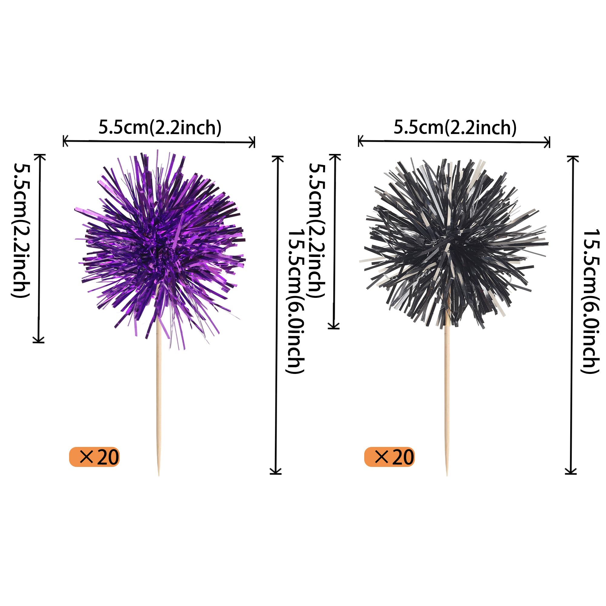 40 PCS Foil Firework Cupcake Toppers Sparkle Tinsel Cupcake Picks Fireworks Birthday Party Decorations Cocktail Fruit Toothpick for Birthday Wedding Graduation Party Decorations Supplies Black Purple