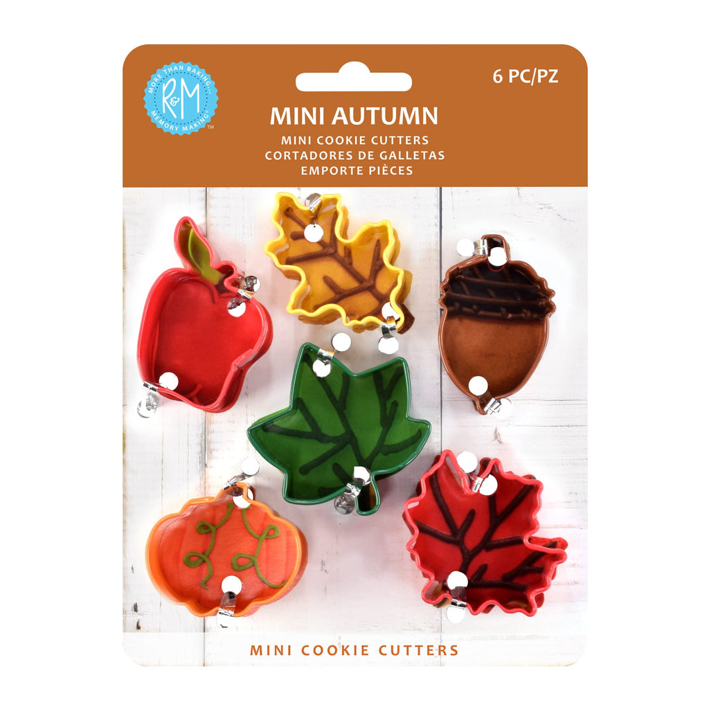 R&M Mini Autumn 6-Piece Color Cookie Cutter Set – Polyresin Coated Red, Yellow, Green Fall Leaves, Apple, Orange Pumpkin & Brown Acorn Baking Tools