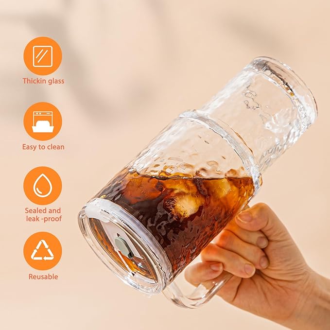 26oz Water Ripple Glass Tumbler with Handle & Lid, Reusable Iced Coffee Cups with Straws – Set of 2, Glass Cups for Smoothies, Juice, Coffee, Tea – Travel Mugs for Daily Use and To-Go