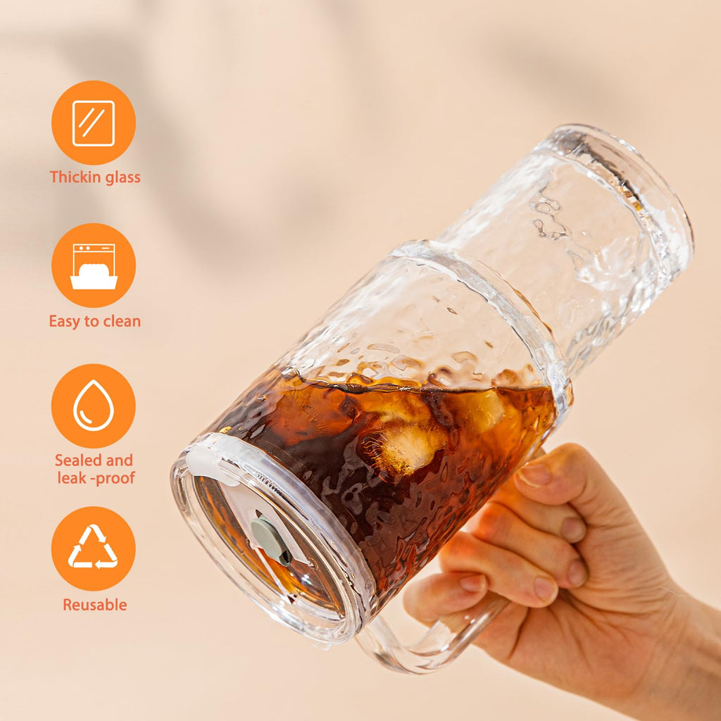 SoulTimes 26oz Water Ripple Glass Tumbler with Handle & Lid, Reusable Iced Coffee Cups with Straws – Set of 2, Glass Cups for Smoothies, Juice, Coffee, Tea – Travel Mugs for Daily Use