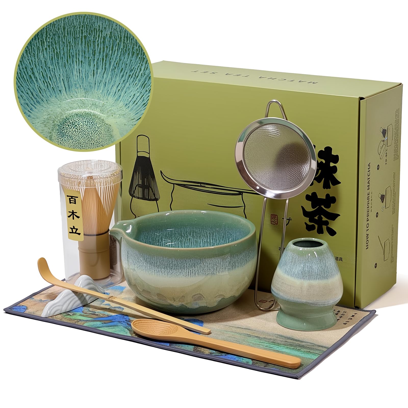 Matcha Whisk Set with Ceramic Bowl - Bamboo Whisk (Chasen), Scoop, Sifter & Holder - Complete Kit for Traditional Matcha Tea - Unique Gifts for Women, Men, Tea Lovers (Green)