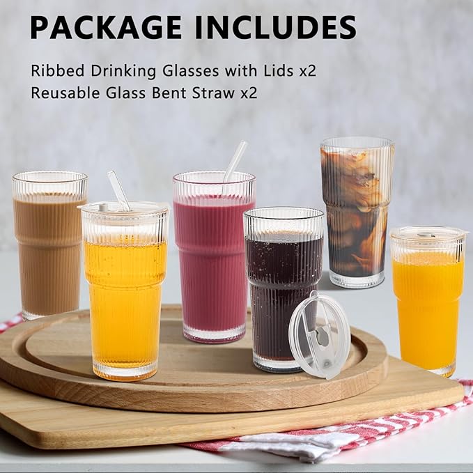20oz Ribbed Glass Cups with Lids and Straws 4 Set, Vintage Glassware for Whiskey Cocktail Beer, Glass Tumbler, Iced Coffee Cups For Cold Drinks, Smoothie, Juice,Drinking (4)