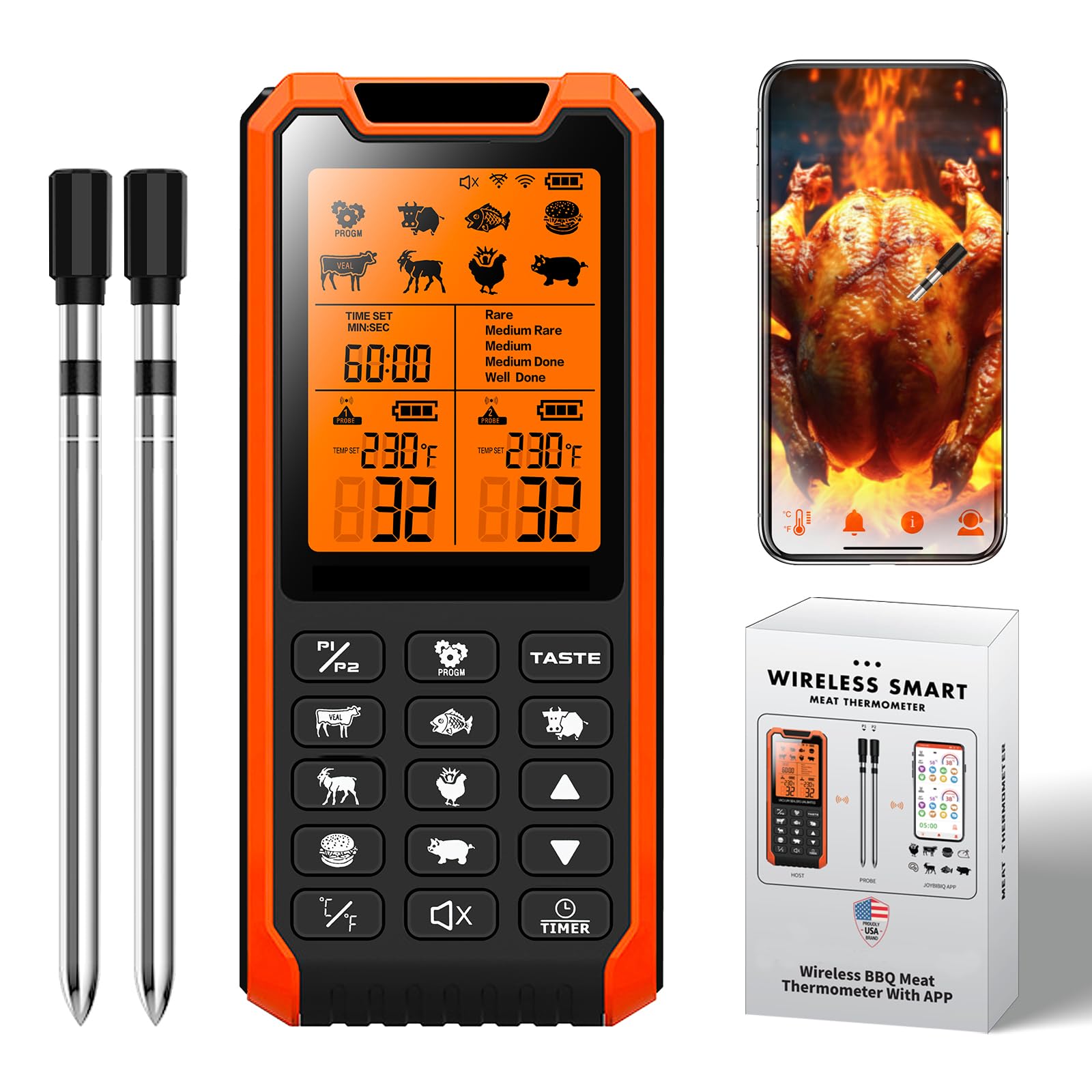 PRAVETTE Smart Bluetooth Meat Thermometer - Long Range Wireless Food Thermometer, Digital Meat Thermometer with Dual Probes for BBQ Grill, Oven, Smoker, Air Fryer