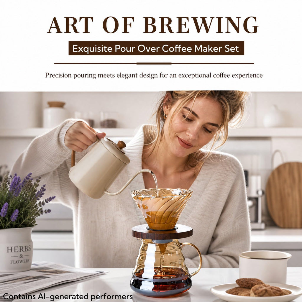 CHDEXU Pour Over Coffee Maker Set 20 oz, 600 ml Borosilicate Glass Coffee Server with Glass Lid, 50 pcs Paper Filter, Walnut Handle Pour Over Coffee Dripper for Home Café Restaurant, Gold