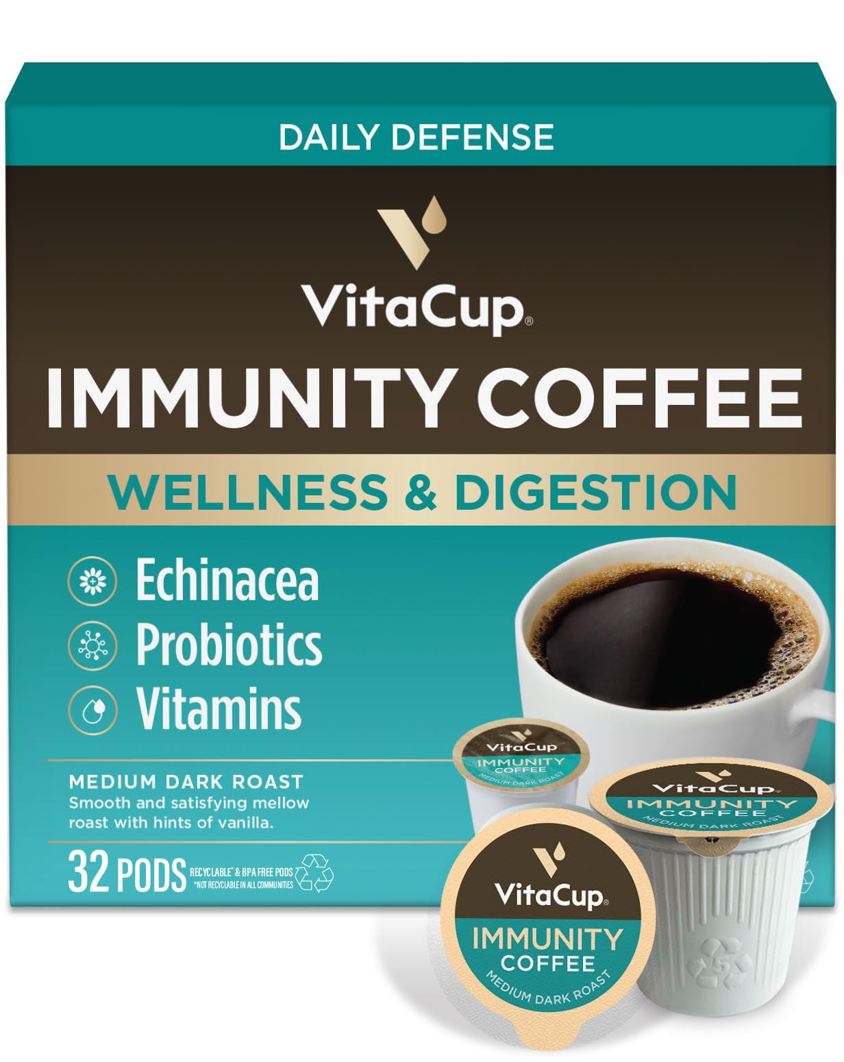 VitaCup Immunity Medium Roast Coffee Pods, 32ct