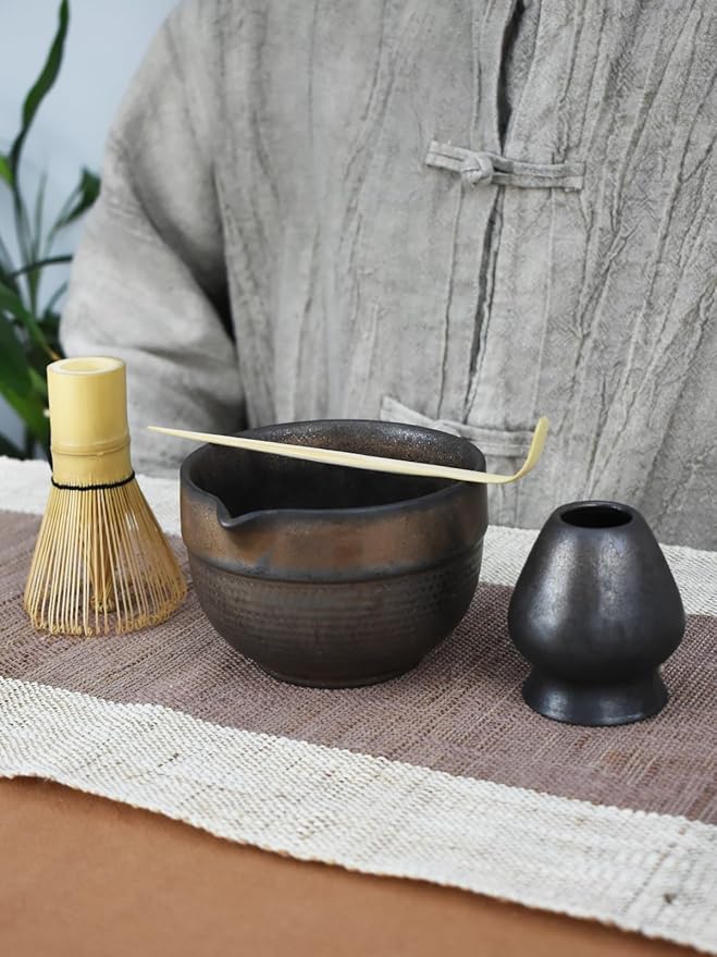 Artcome Luxury Matcha Tea Set – 4-Piece Japanese Matcha Kit with Black Rustic Glazed Bowl & Spout, Bamboo Whisk, Holder, Scoop & Manual – Handcrafted Ceramic Tea Ceremony Set