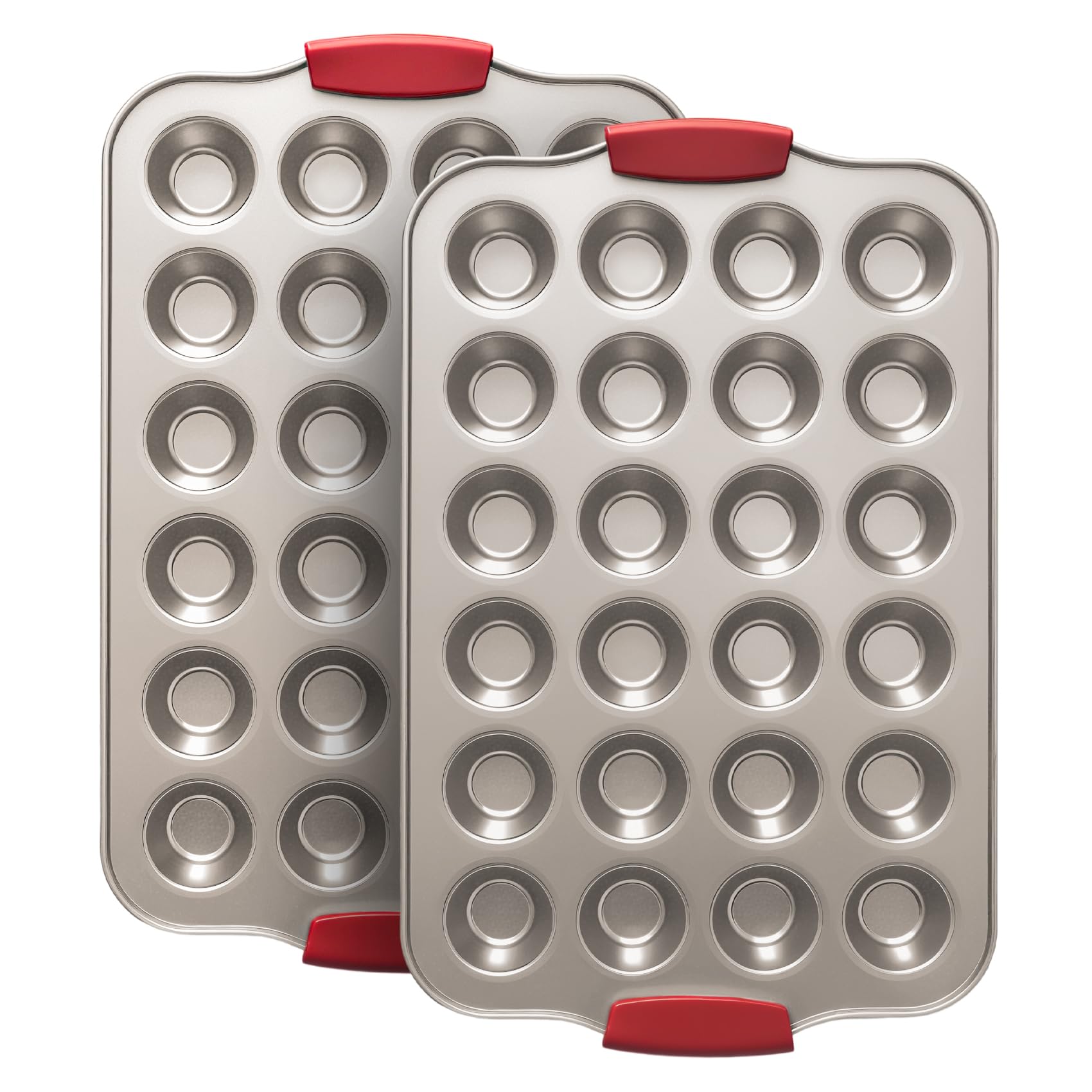 Shinsin 24 Cup Mini Cupcake Pan with Silicone Handles, Non-Stick Mini Muffin Pan, Baking Molds for Mini Cupcakes, Muffins, Quiches, Carbon Steel Mini Baking Pan, Dishwasher Safe (2 Pack)