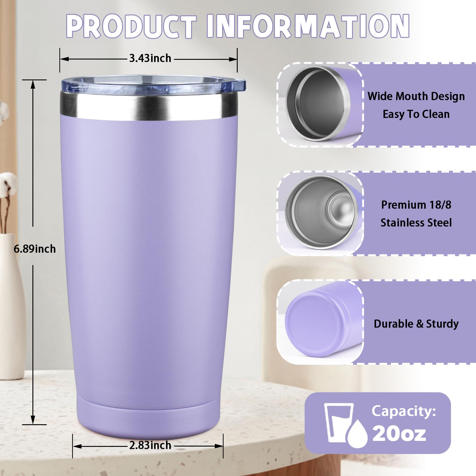 GUDEMAO 20 oz Tumbler with Lids and Straws, Stainless Steel Insulated Coffee Tumbler, Double Wall Vacuum Insulated Travel Mug Cup, Leakproof Thermal Coffee Cup for Hot and Cold Drinks (light purple)