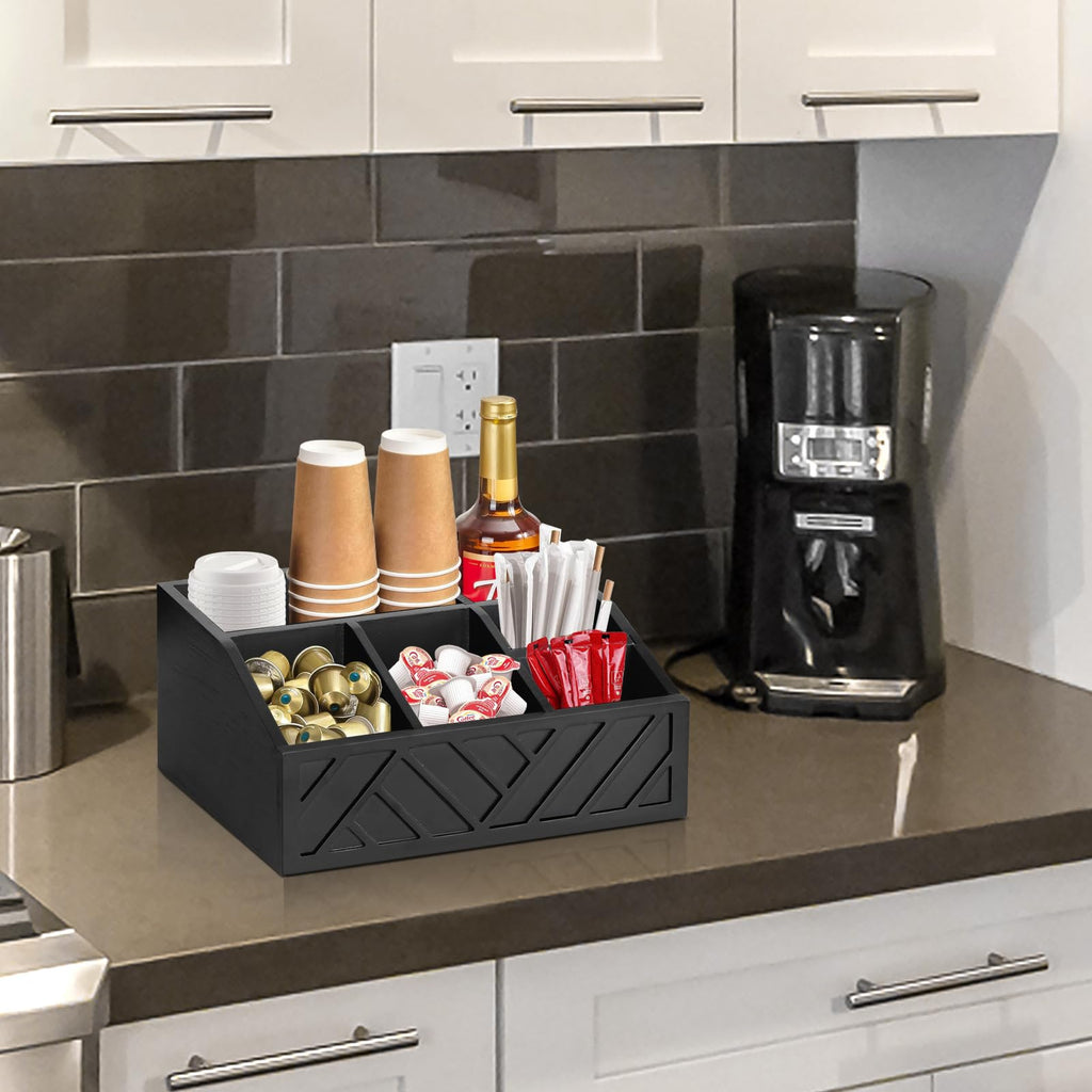 Ukonvi Coffee Pod Holder and Bar Accessories, Wood Station Organizer for Decor, Syrup and Condiment Organizer, Black