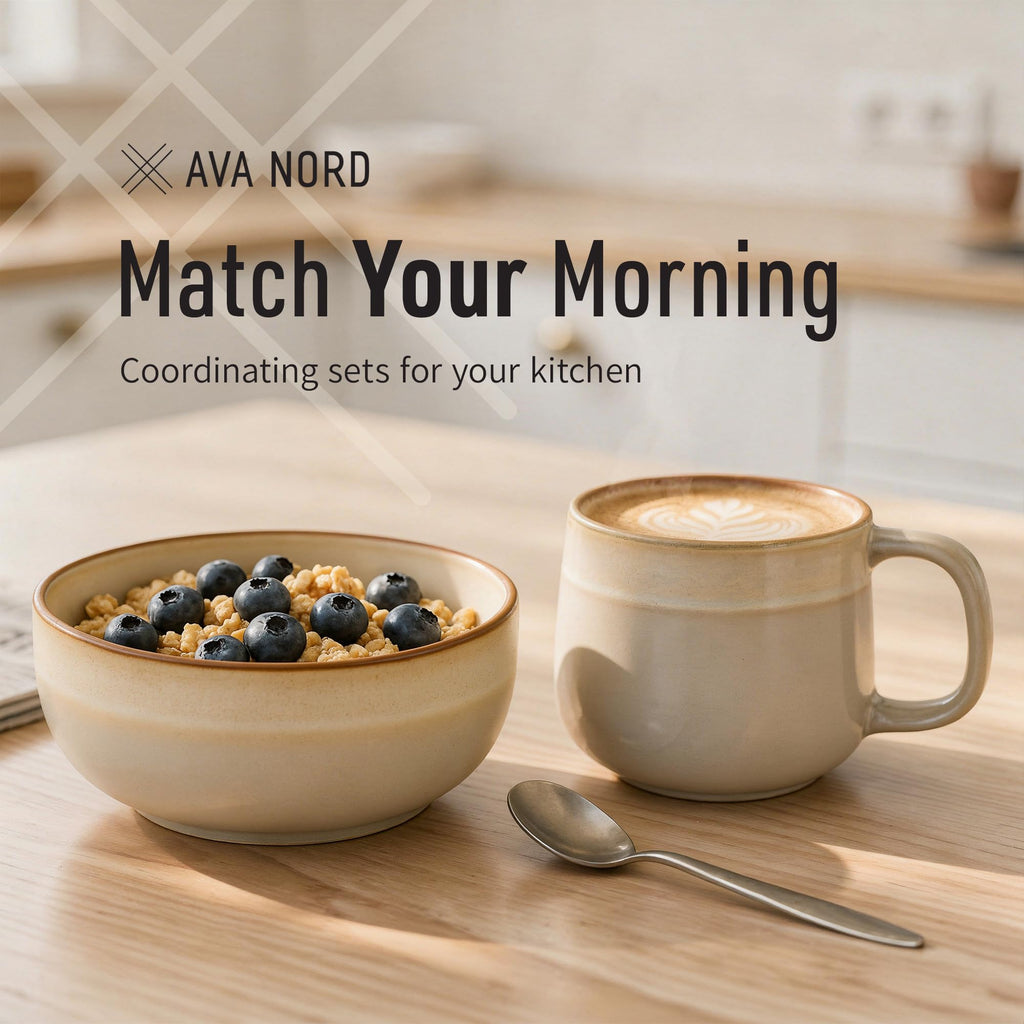 Ava Nord Stoneware Ceramic Cereal Bowls Set of 4, 21 oz | Lead-Free, Cadmium-Free | Microwave and Dishwasher Safe | For Soup, Salad, Rice, Dessert, Ice Cream | Nordic Design | Terracotta/Sage Ash