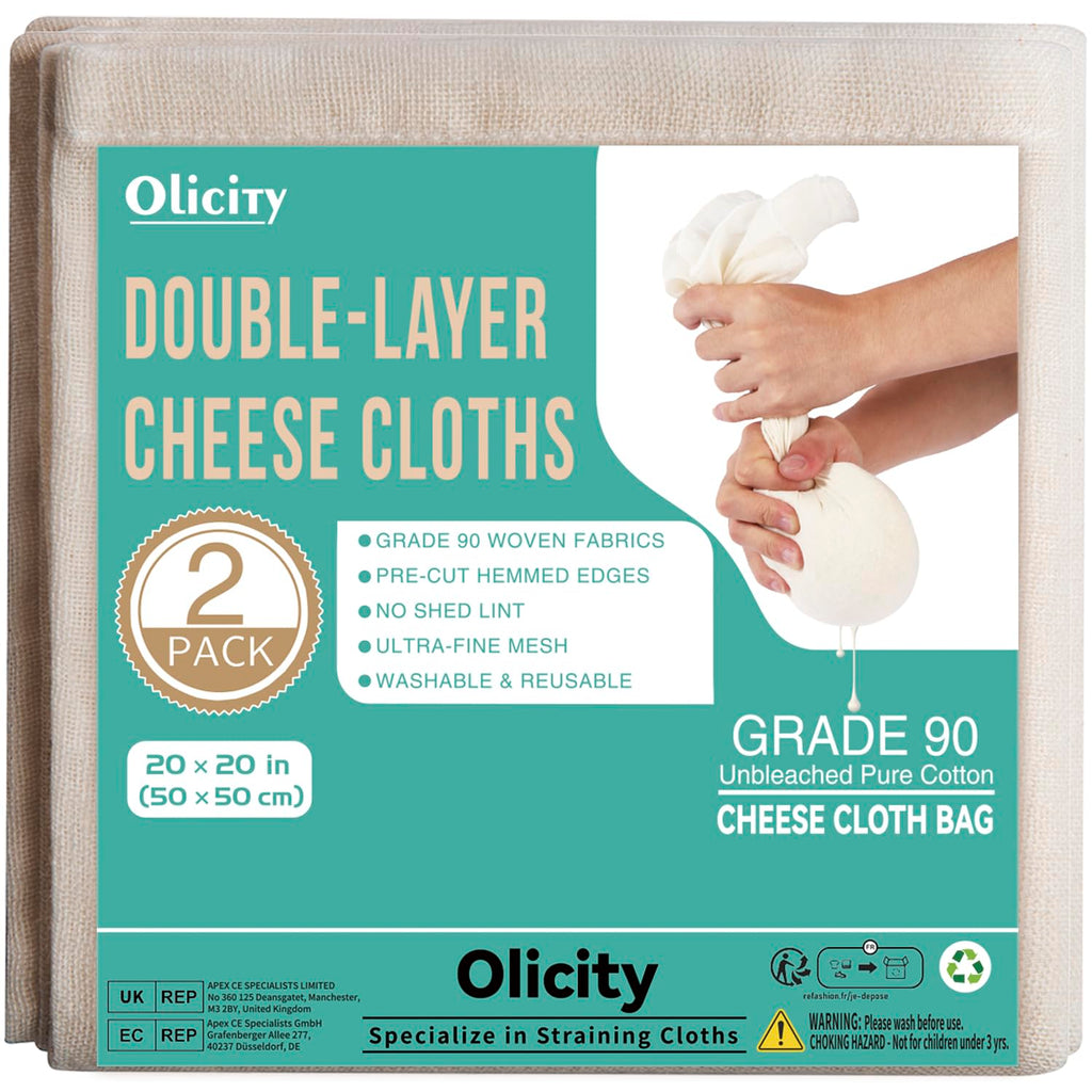 Olicity Cheese Cloths, 2Pack, Double-Layer, 20x20Inch, Reusable