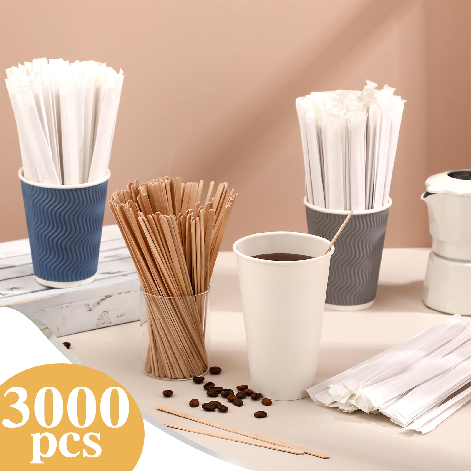 Amyhill 3000 Pcs Individually Wrapped Wooden Coffee Stirrers, Disposable Coffee Stir Sticks Round End Sticks Bulk Wood Stirrers for Cocktail Hot Drinks Restaurant Bar Home Office (7 Inch)