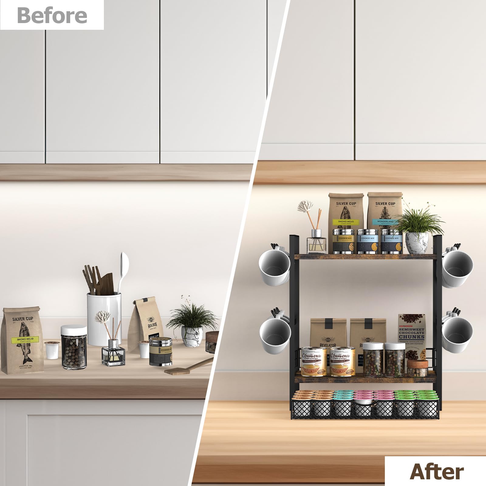 OGEMXU Coffee Station Organizer, 3 Tier Bar Organizer for Countertop, Mug Cup Holder Stand With 12 Hooks and 28 K Cup Storage for Kitchen, Home & Office, Rustic Brown