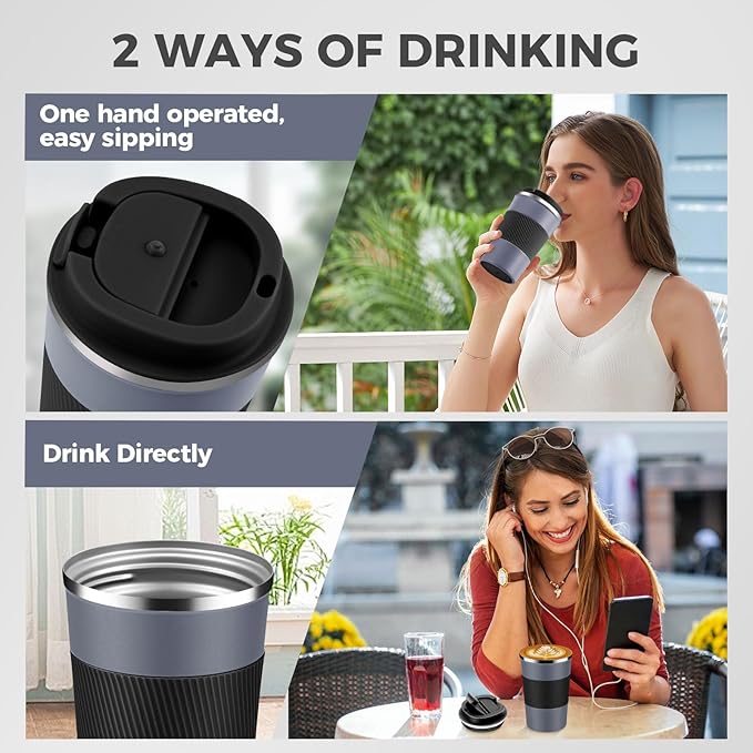 Volhoply 13 oz Stainless Steel Insulated Travel Coffee Mug with Fip Lid Bulk 8 Pack,Reusable Double Wall Vacuum Metal Coffee Cup,Portable Leak Proof Thermal Tumbler for Hot & Cold Drinks(Gray,8)