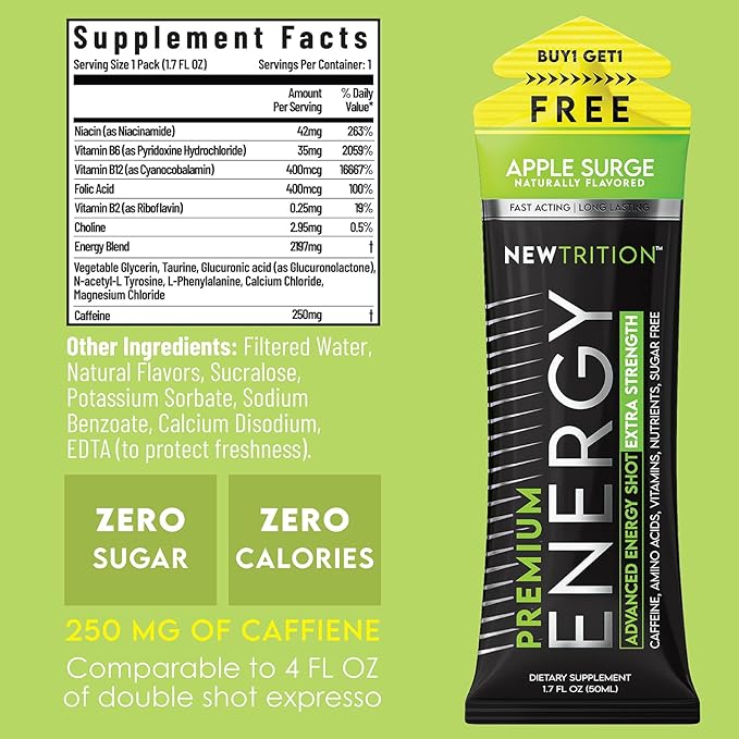 NewTrition® Extra Strength Energy Shots, 250mg Caffeine Energy Shots with Vitamin B & Amino Acids, Sugar-Free Vitamin Energy Shot, 1.7 fl oz (Pack of 24, 4 Flavors-Mixed-2)