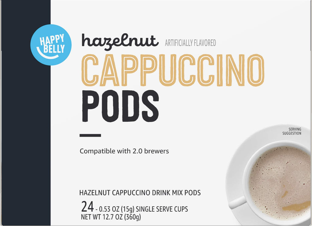Happy Belly Light Roast Cappuccino Coffee Pods, Hazelnut Flavored, Compatible with K-Cup Brewers, 24 Count