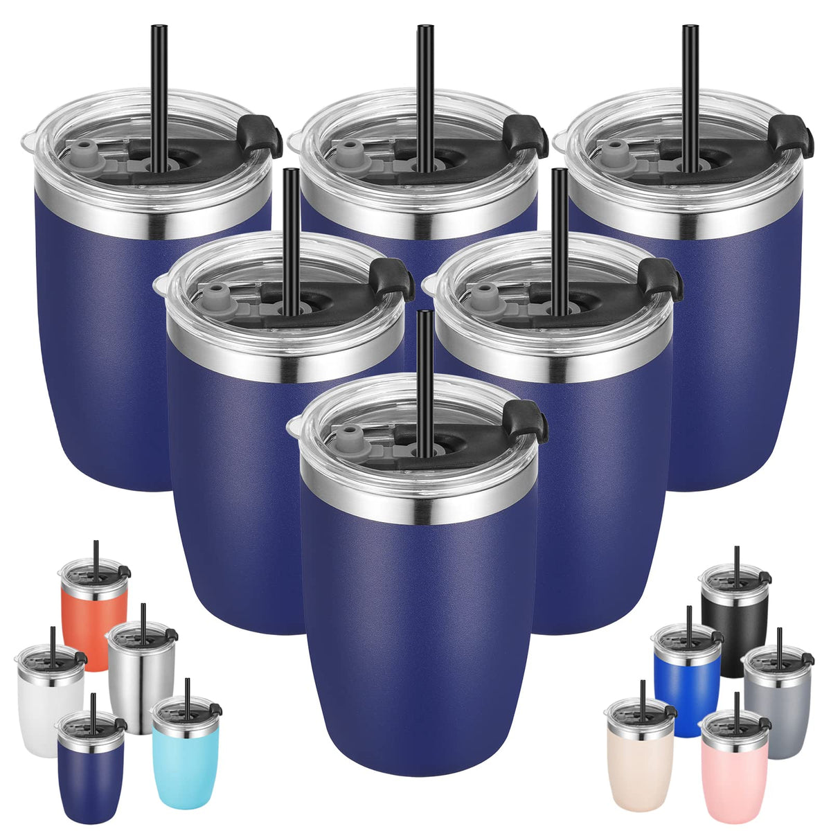 VEGOND Stainless Steel 12 oz Tumblers bulk Vacuum Insulated Double Wall Travel Tumbler with Lid and Straw Reusable Tumbler, Black 6 pack