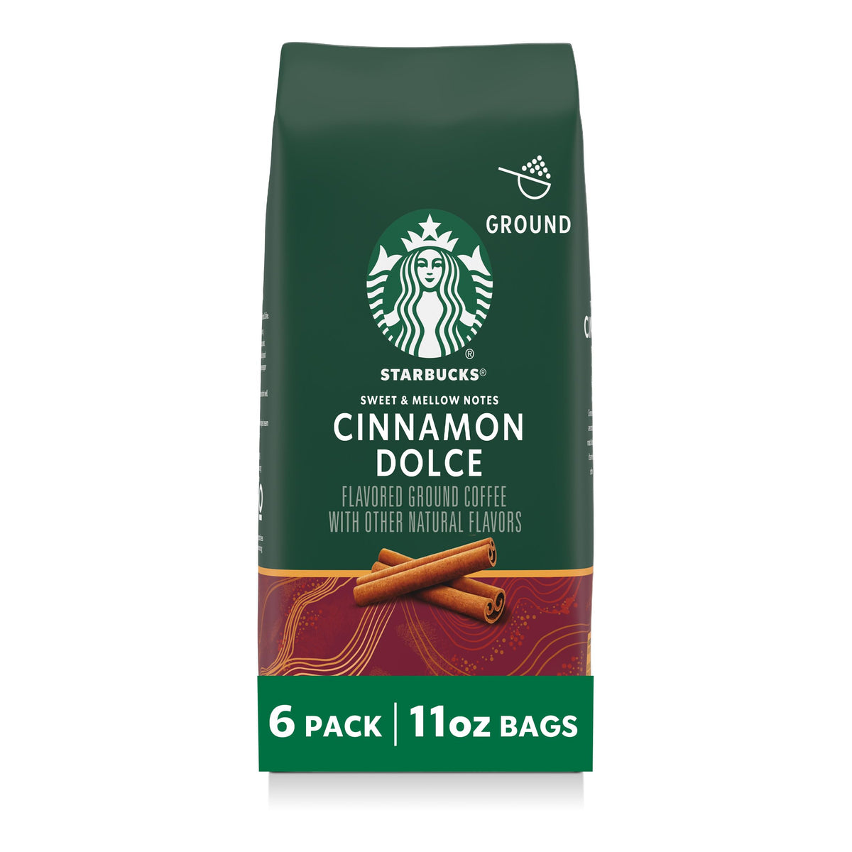 Starbucks Ground Coffee, Flavored Hot or Iced Coffee, Cinnamon Dolce, Six 11 oz Bags