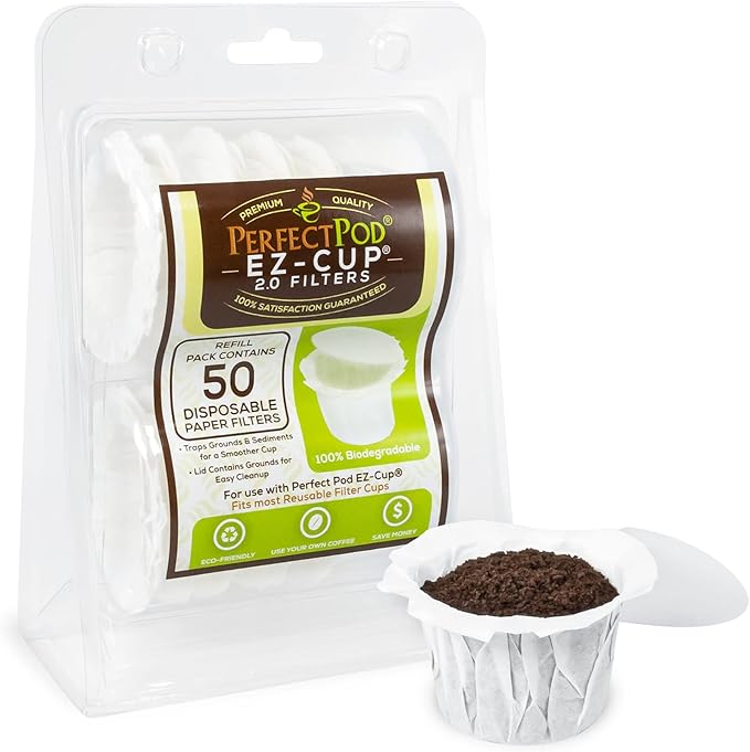 Perfect Pod EZ-Cup Paper Coffee Filters with Patented Lid for Single-Serve Coffee Brewers and Coffee Pods, Compatible with Keurig, 16-Pack (800 Filters)