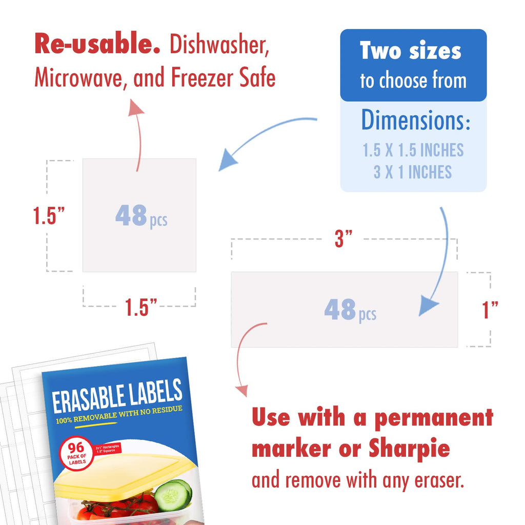 Dry Erase Labels for Food Containers 96 Pk - Reusable 1x3 in and 1.5 in