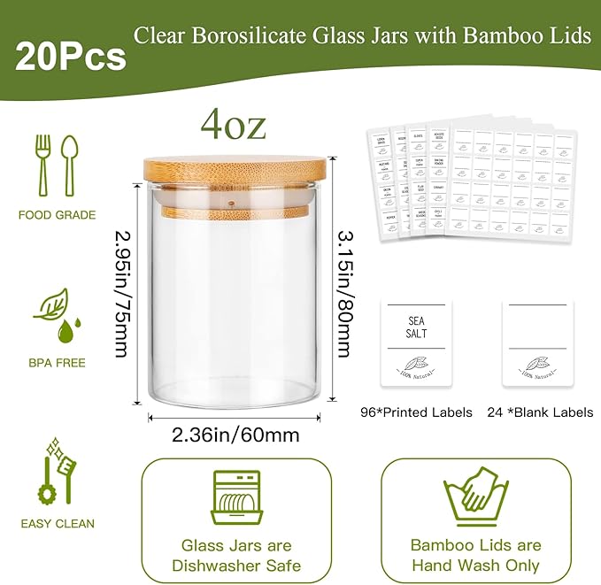 4oz Glass Spice Jars with Bamboo Lids, 20 Pack Clear Borosilicate Glass Food Storage Containers with Wooden Airtight Lids, Cylinder Glass Bottles with Lids for Kitchen Spice Sugar Salt Coffee Tea
