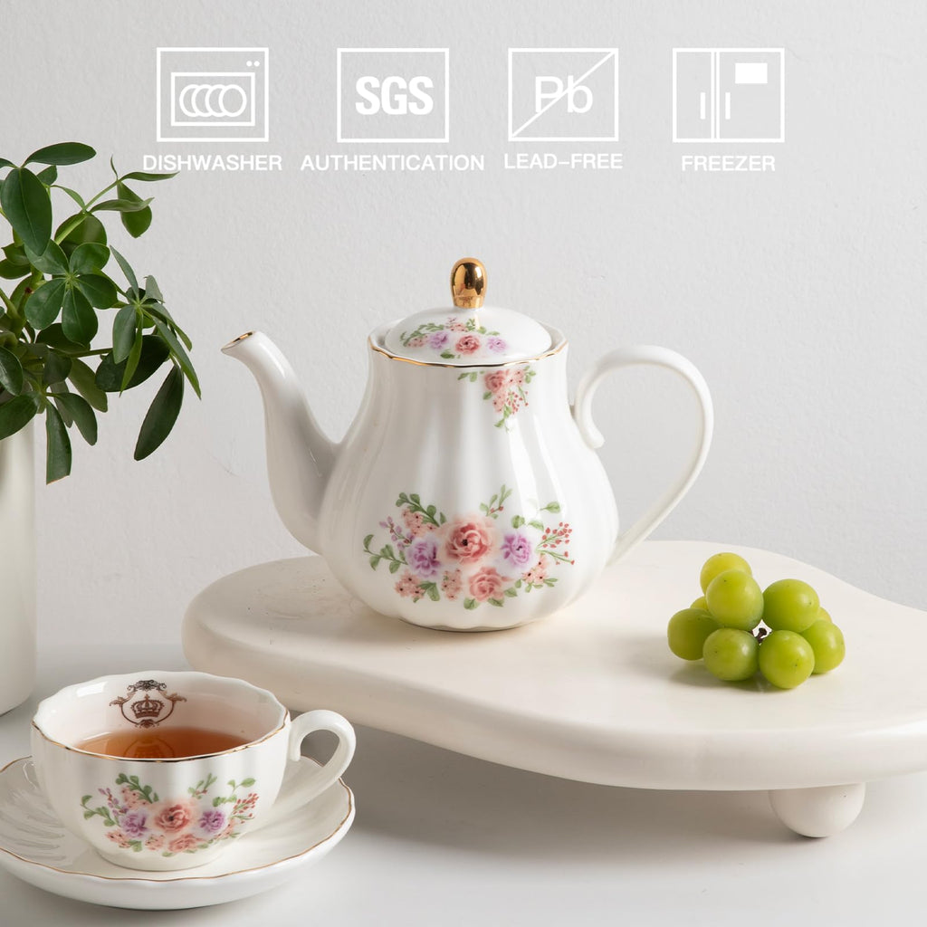 Sweejar 40FLOZ Royal Teapot with Infuser,Porcelain Tea Pot(Rose)