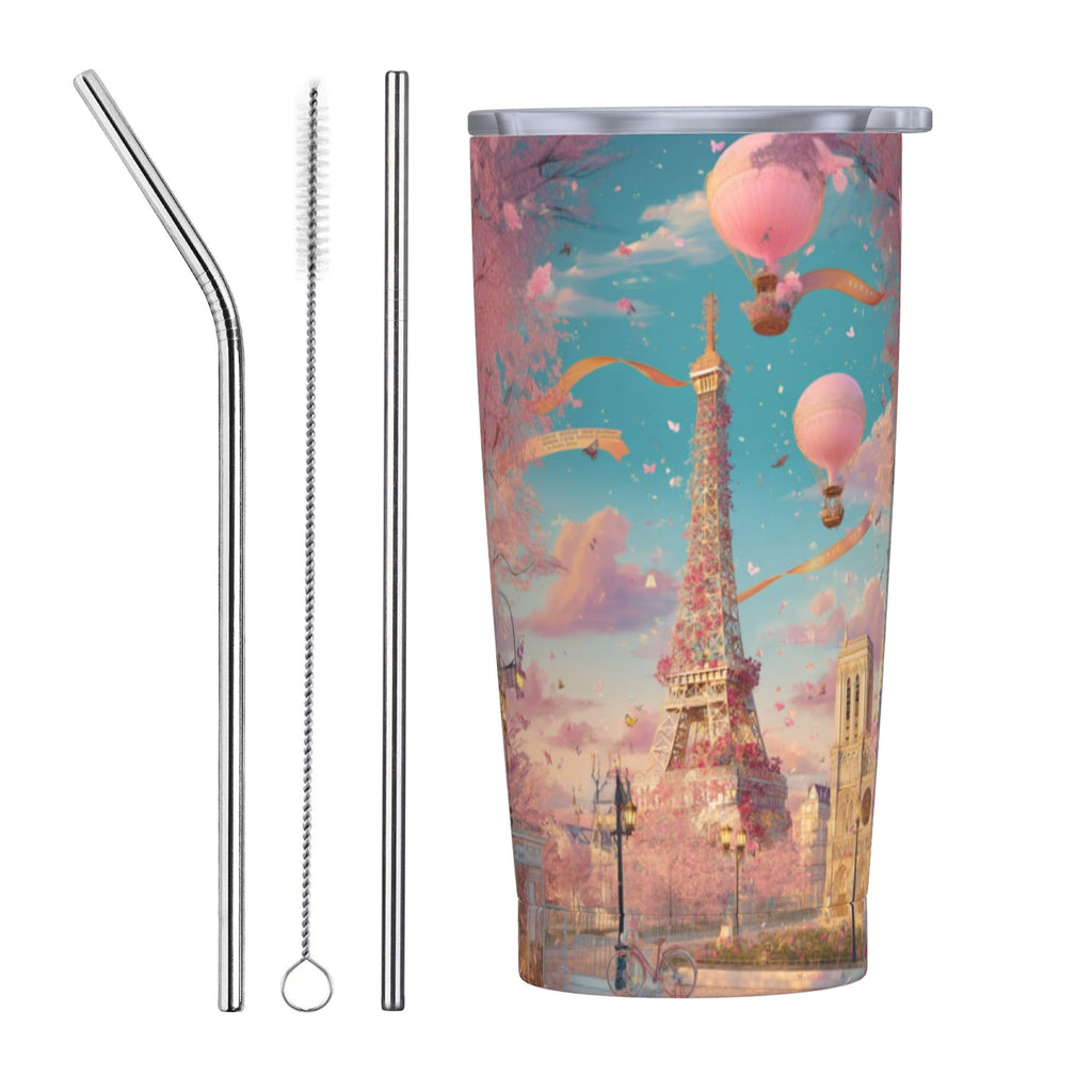 Paris Eiffel Tower Tumbler with Lid and Straw 20oz Coffee Tumblers Leakproof Stainless Steel Travel Mug Vacuum Insulated Cup for Iced and Hot