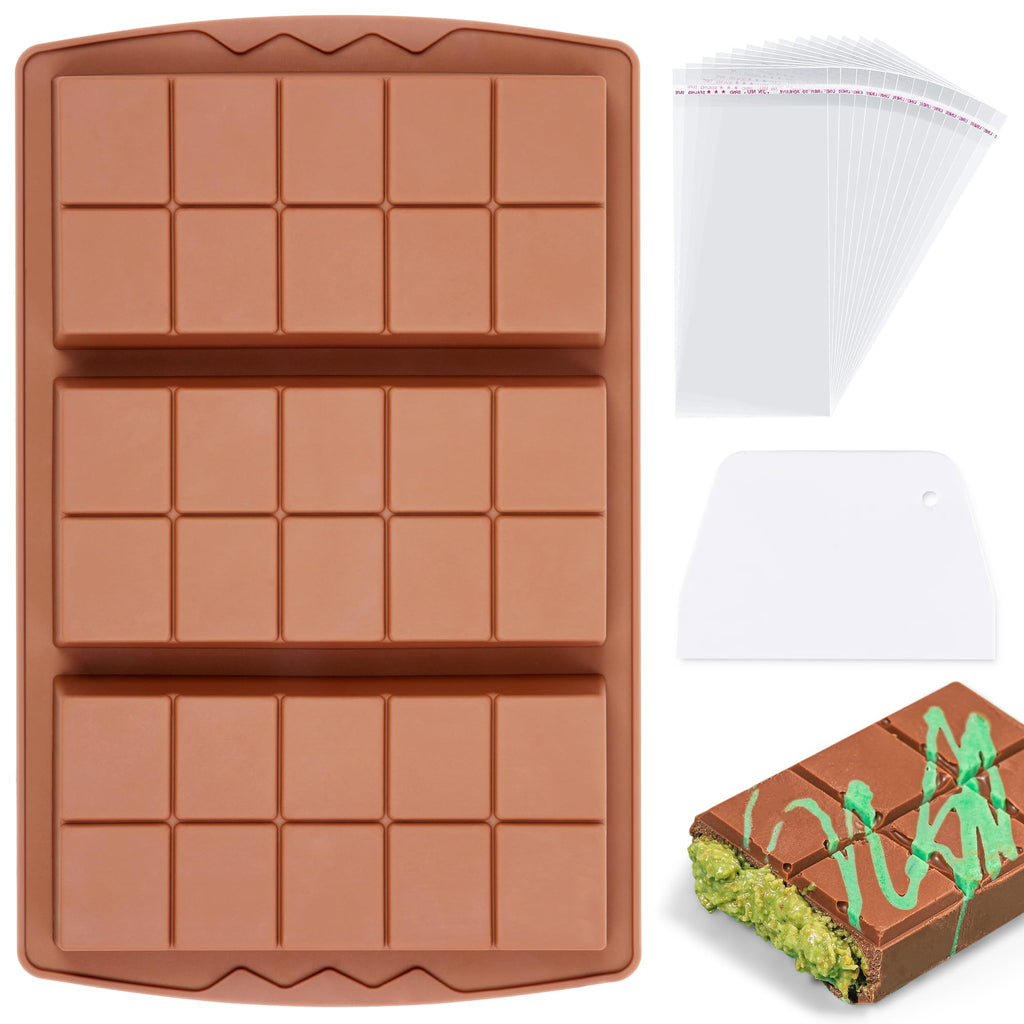 KASHME 1 Pc Chocolate Bar Mold Deep Large Chocolate Molds Silicone Break Apart Thick Silicone Molds for Candy Bar, With 100 Pcs Bags and 1 Pc Scraper Set (10 Snap）