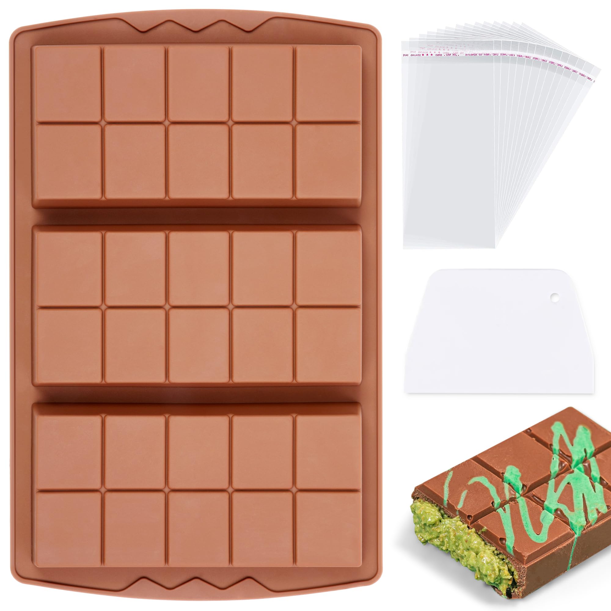 KASHME 1 Pc Chocolate Bar Mold Deep Large Chocolate Molds Silicone Break Apart Thick Silicone Molds for Candy Bar, With 100 Pcs Bags and 1 Pc Scraper Set (10 Snap）