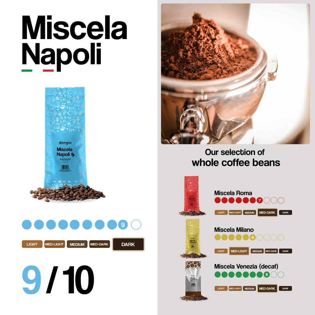Dongio Caffe Napoli Blend Whole Bean Coffee, Dark Espresso Roast, 2.2 lb Bag, Roasted in Italy, Premium Italian Coffee Beans with Dark Chocolate & Baked Cookie Notes
