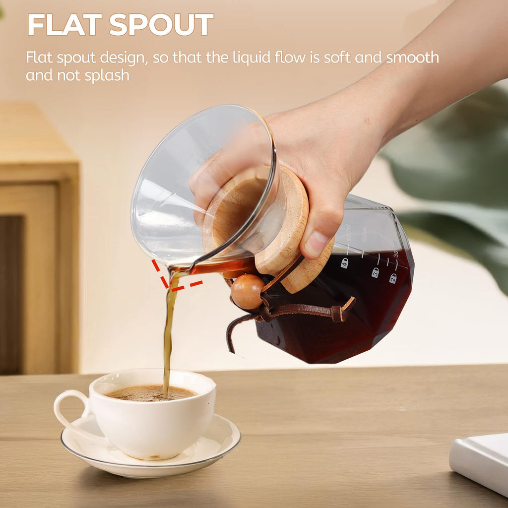 Mogrecha Pour Over Coffee Maker 800ml with 304 Stainless Steel Filter Wooden Collar Holder Borosilicate Glass Drip Coffeemaker Server Set Clear Hand Brew Dripper Carafe for Home Camping Travel 27oz
