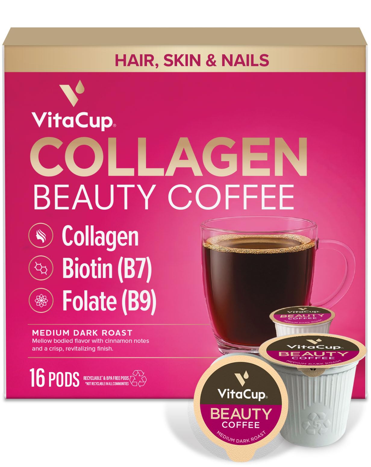 VitaCup Beauty Collagen Medium Dark Roast Coffee Pods, 16ct