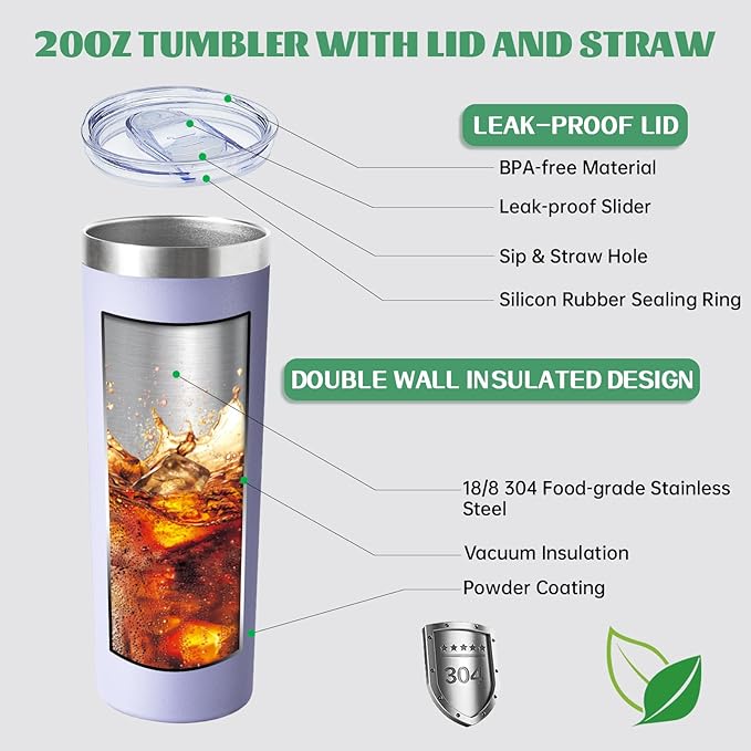 20 oz Skinny Tumbler with Lid and Straw,Stainless Steel Vacuum Insulated Tumbler Cup Double Wall Leak-proof Coffee Mug,Travel Thermal Water Tumbler for Office,Outdoor (Lavender/Cream/Pink/Baby blue)
