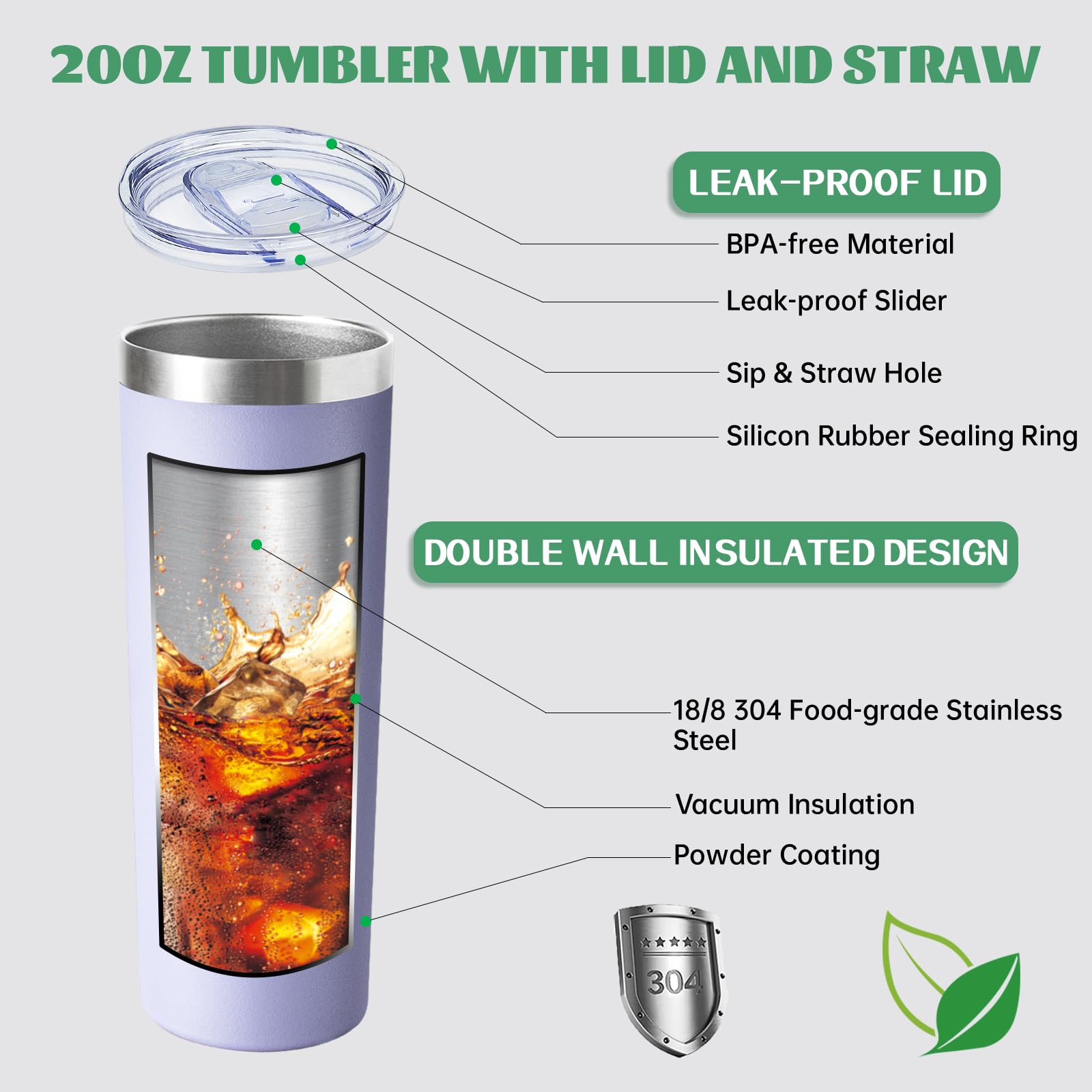 20 oz Skinny Tumbler with Lid and Straw,Stainless Steel Vacuum Insulated Tumbler Cup Double Wall Leak-proof Coffee Mug,Travel Thermal Water Tumbler for Office,Outdoor (Lavender/White/Pink/Teal)