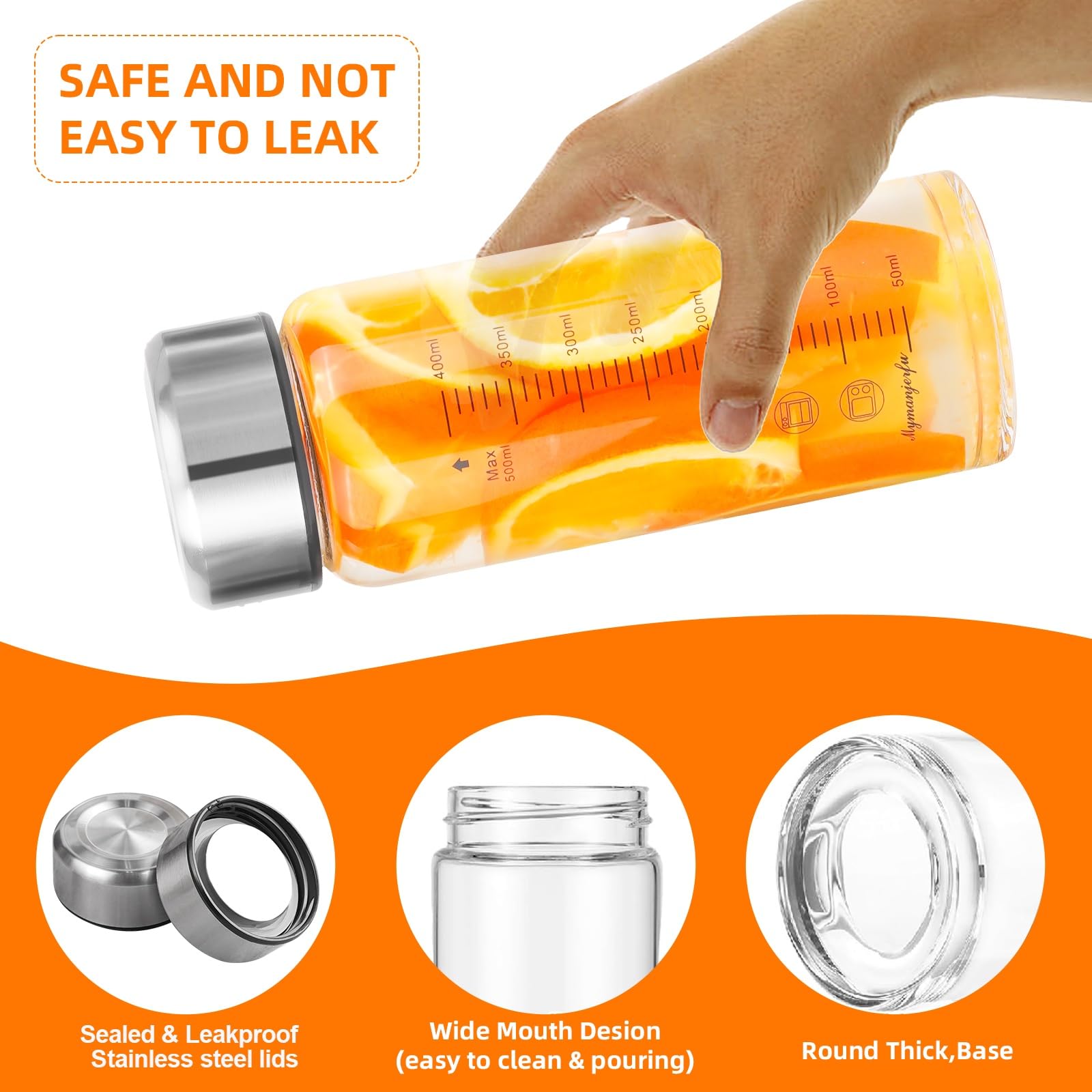 Glass Juice Bottles 4 Pack 16 oz - Wide Mouth Glass Water Bottles with Lids - for Juicing, Smoothies, Milk, Protein, BPA Free, Reusable, Stainless Steel Lids, Leak Proof, Shaker bottle (500 ml)