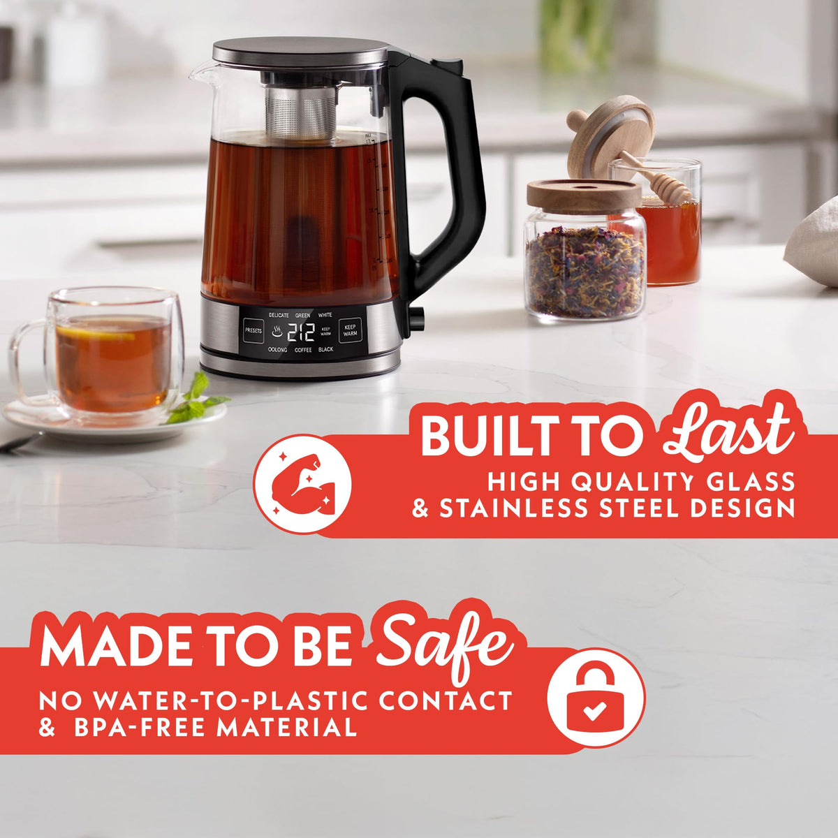 Gourmia Electric Glass Kettle - 1.7L Capacity, Digital Display, Black